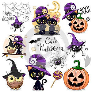 Cute Halloween illustrations with owl, black cat and spider