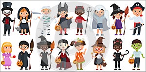 Cute Halloween little kids set vector illustration.