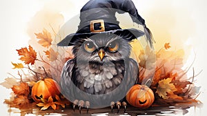 Cute Halloween owl and witch hat. watercolor illustration. generative ai