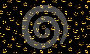 Cute Halloween pattern horizontal background. Vector pumpkin carved scary faces texture, funny smiling ghost masks