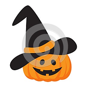 Cute Halloween pumpkin with black witch hat. Jack-o-lantern symbol. Funny vector illustration in cartoon flat style