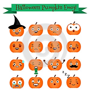 Cute halloween pumpkin emoji set. Emoticons, stickers, design elemets