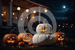 Cute Halloween pumpkin in front of the house with some lanterns at night, candlelight, moonlight. AI