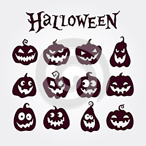 Cute Halloween pumpkins set. Pumpkin icons. Silhouettes of smiling pumpkins. Cartoon vector illustration