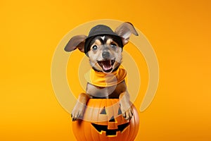 Cute Halloween puppy dog with jack-o-lantern pumpkin