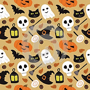 Cute halloween seamless pattern with pumpkins, witch hats, bats, candys, ghost, scull