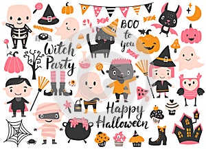 Cute Halloween set with a witch, black cat, vampire