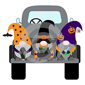 Cute Halloween vector gnomes in black pickup truck on white background