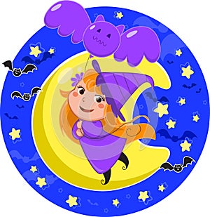 Cute Halloween witch flying with bat balloon vector