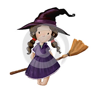 cute halloween witch, watercolor style illustration with cartoon character