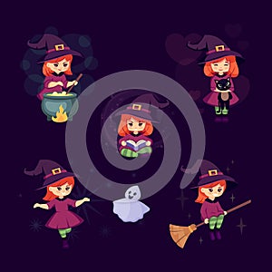 cute halloween witches. cartoon funny autumn mystical fantasy girls set, halloween characters with pumpkin, haunt