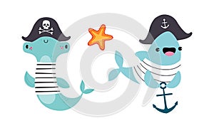 Cute Hammer Fish and Shark in Pirate Hat with Anchor as Sea Animal in Striped Vest Floating Underwater Vector Set