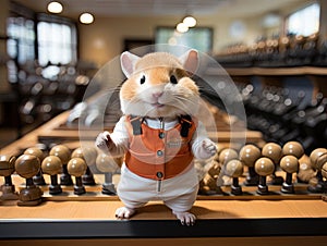 Cute hamster as gym instructor with mini dumbbell