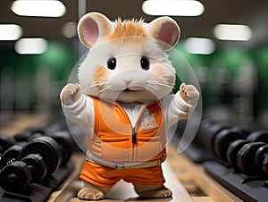 Cute hamster as gym instructor with mini dumbbell
