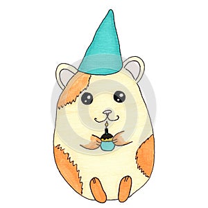 Cute hamster in  blue cap holds  cupcake with  burning candle. Birthday card