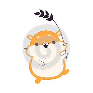 Cute Hamster Carrying Wheat Ear, Adorable Pet Animal Character Cartoon Vector Illustration
