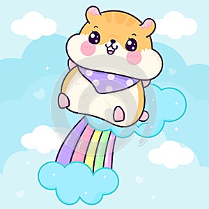 Cute hamster Cartoon jump on pastel rainbow isolated on pastel background