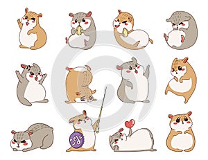 Cute hamster. Cartoon pet character with funny smile face. Mouse standing and running. Funny animal sitting front view