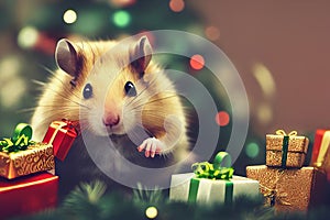 Cute hamster with christmas gift. ai generated. Hamster celebrating christmas. Christmas hamster