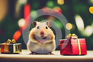 Cute hamster with christmas gift. ai generated. Hamster celebrating christmas. Christmas hamster