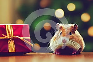 Cute hamster with christmas gift. ai generated. Hamster celebrating christmas. Christmas hamster