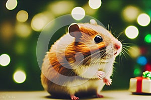 Cute hamster with christmas gift. ai generated. Hamster celebrating christmas. Christmas hamster