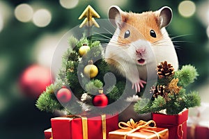 Cute hamster with christmas gift. ai generated. Hamster celebrating christmas. Christmas hamster