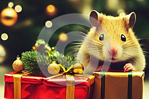 Cute hamster with christmas gift. ai generated. Hamster celebrating christmas. Christmas hamster