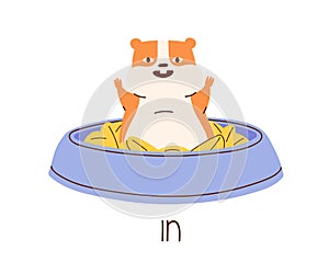 Cute hamster demonstrating English preposition of place by sitting in bowl with food. Funny animal and inscription