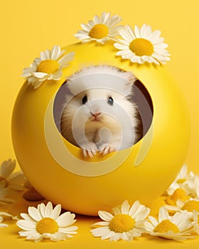 cute hamster in easter egg with daisies on yellow background