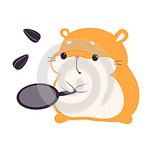 Cute Hamster Frying Seeds in Frying Pan, Adorable Funny Pet Animal Character Cartoon Vector Illustration