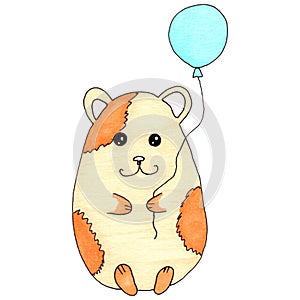Cute hamster  holds blue balloon. Birthday card