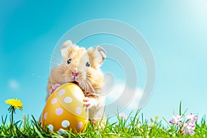 Cute hamster holds in its paws and tries to gnaw Easter egg in green grass with flowers against clear blue sky