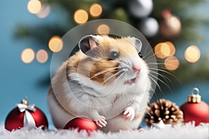 Cute hamster near a Christmas tree with Christmas toys. Space for text. Blue background