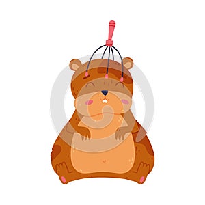 Cute hamster relaxing with head massager, funny brown rodent pet animal cartoon vector illustration