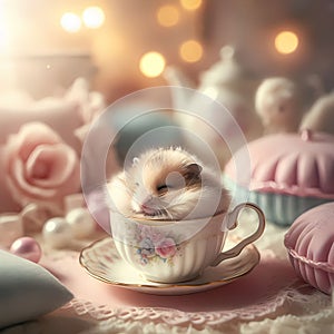 Cute hamster sleeping inside a vintage teacup