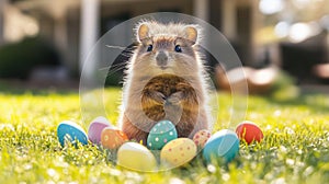 Cute hamster surrounded by colorful Easter eggs