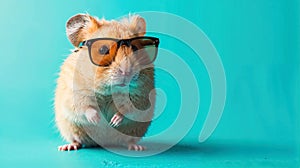 Cute Hamster Wearing Sunglasses Against A Cyan Background With Copy Space