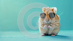 Cute Hamster Wearing Sunglasses Against A Cyan Background With Copy Space