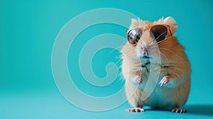 Cute Hamster Wearing Sunglasses Against A Cyan Background With Copy Space