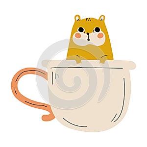 Cute Hamster in White Teacup, Adorable Little Cartoon Animal Character Sitting in Coffee Mug Vector Illustration