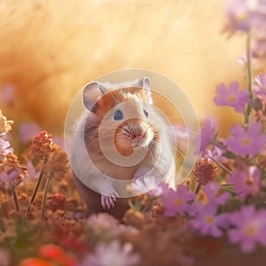 cute hamster among wildflowers, bucolic environment, warm pastel colors, kindness, created with artificial intelligence