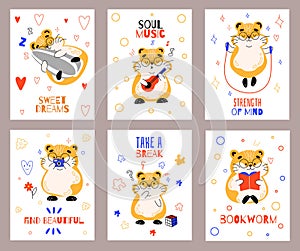 Cute hamsters cards. Funny fluffy animal character, different actions posters with text, happy rodent mascot, little pet