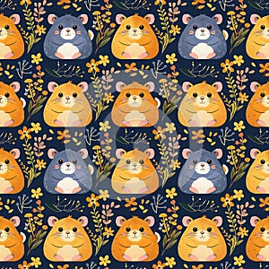Cute Hamsters Surrounded by Floral Elements Pattern photo