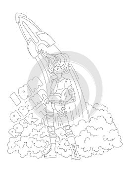Cute hand draw coloring page with brave astronaut, cosmonaut or engeneer girl with launching rocket. Feminist zen art