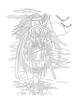 Cute hand draw coloring page with brave girl warrior, in ancient wild outfit - viking. Girl wanderer, girl warrior