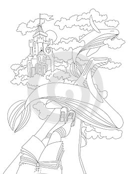 Cute hand draw coloring page with dreaming girl, sitting with book on a wing of plane, seing flying whales and magic