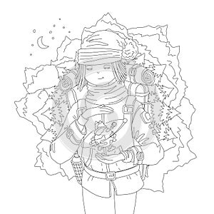 Cute hand draw coloring page with wanderer girl with backpack, dreaming about mountain travel, holding the Earth between