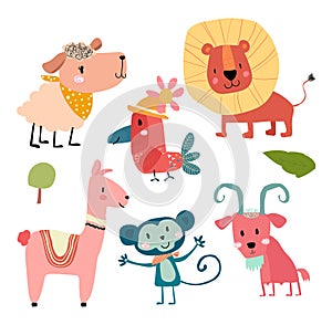 Cute hand draw wild animal cartoon character set