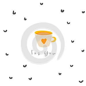 Cute hand drawn abstract style card, postcard, cover, background with abstract elements, cup of coffee or tea.